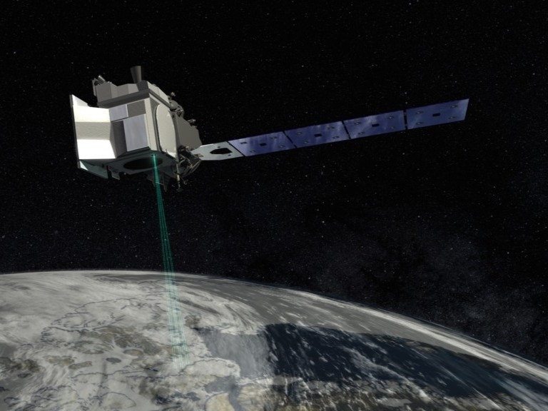 A rendering of ICESat-2 and its laser technology that Texas Engineers used to map nearshore waters.